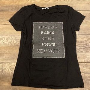 Rhinestone & Pearl Textured Locations T Shirt- SOVOGUE